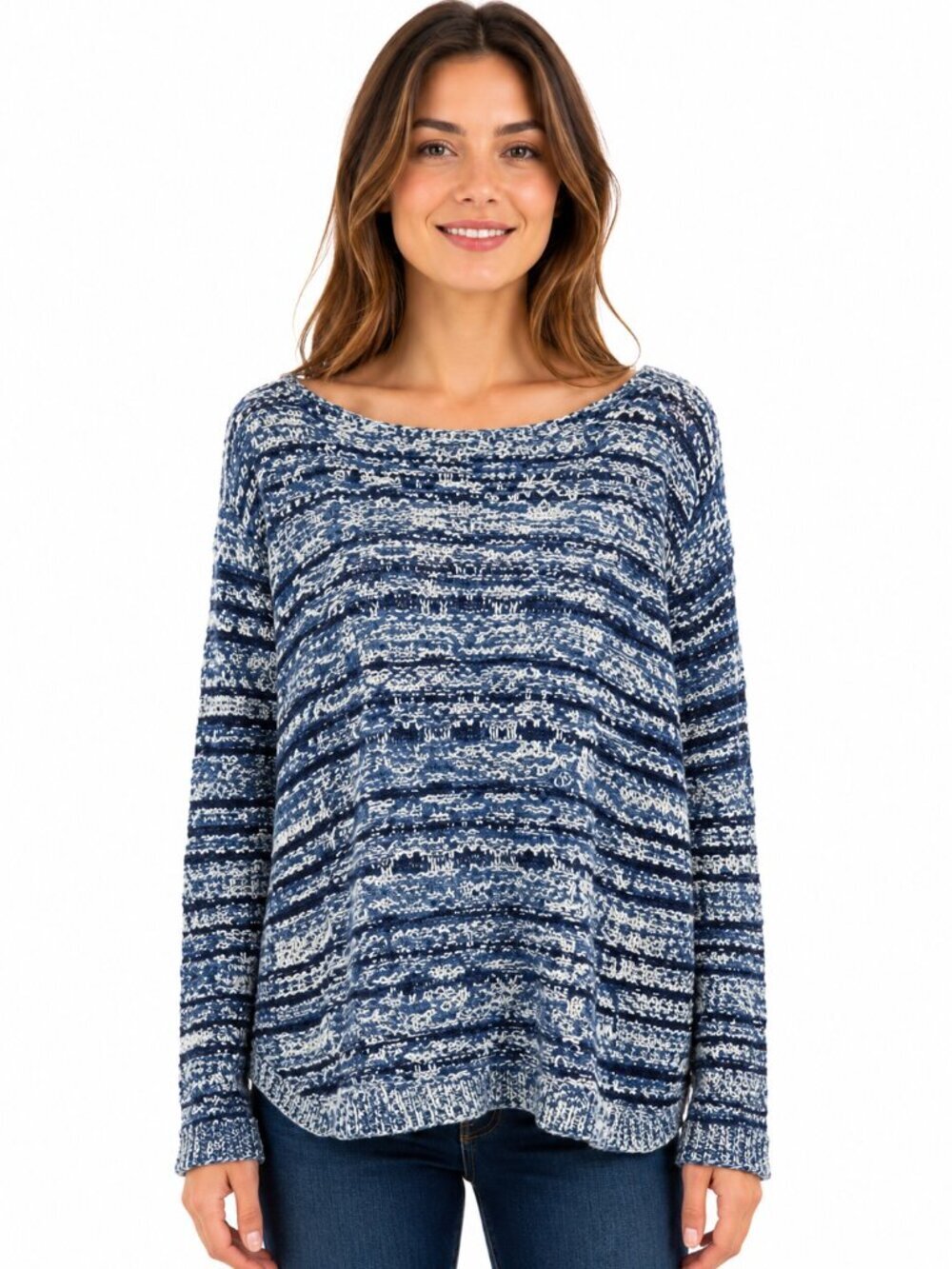 Chico's Sweater Size Extra Large Blue Open Knit Boat Neck Lagenlook Flowy